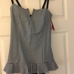 Spanx black thin stripe petite swim dress.  NWT 144.00. Hygienic shield in place